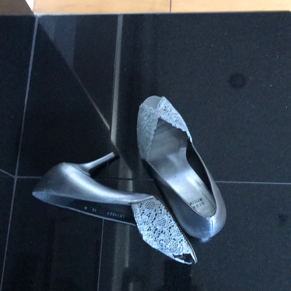 Stuart Weitzman Fabric and Leather Peep Toe Pump.
